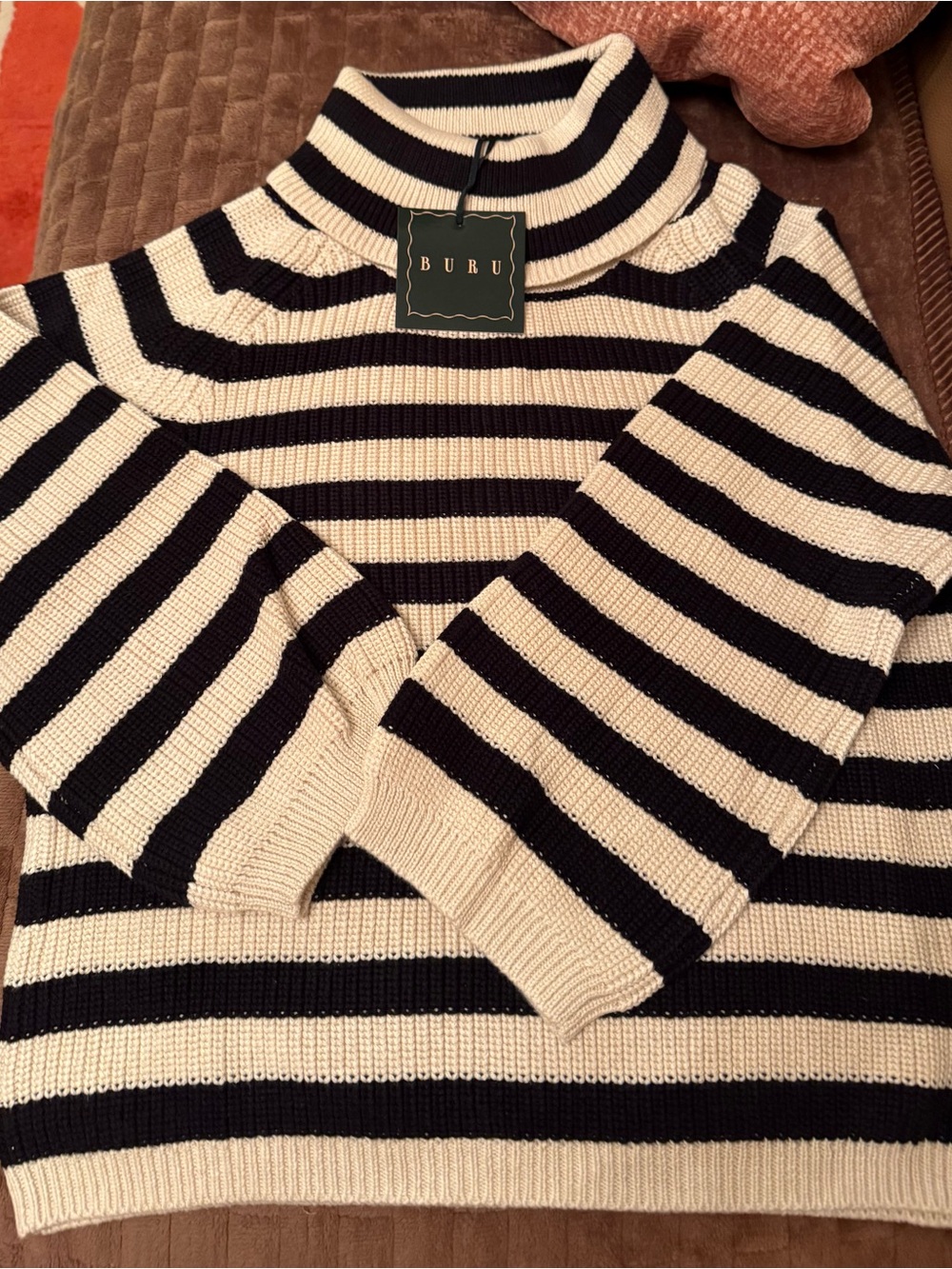 NWT Buru Cream and Black Striped Turtleneck Sweater Size XL